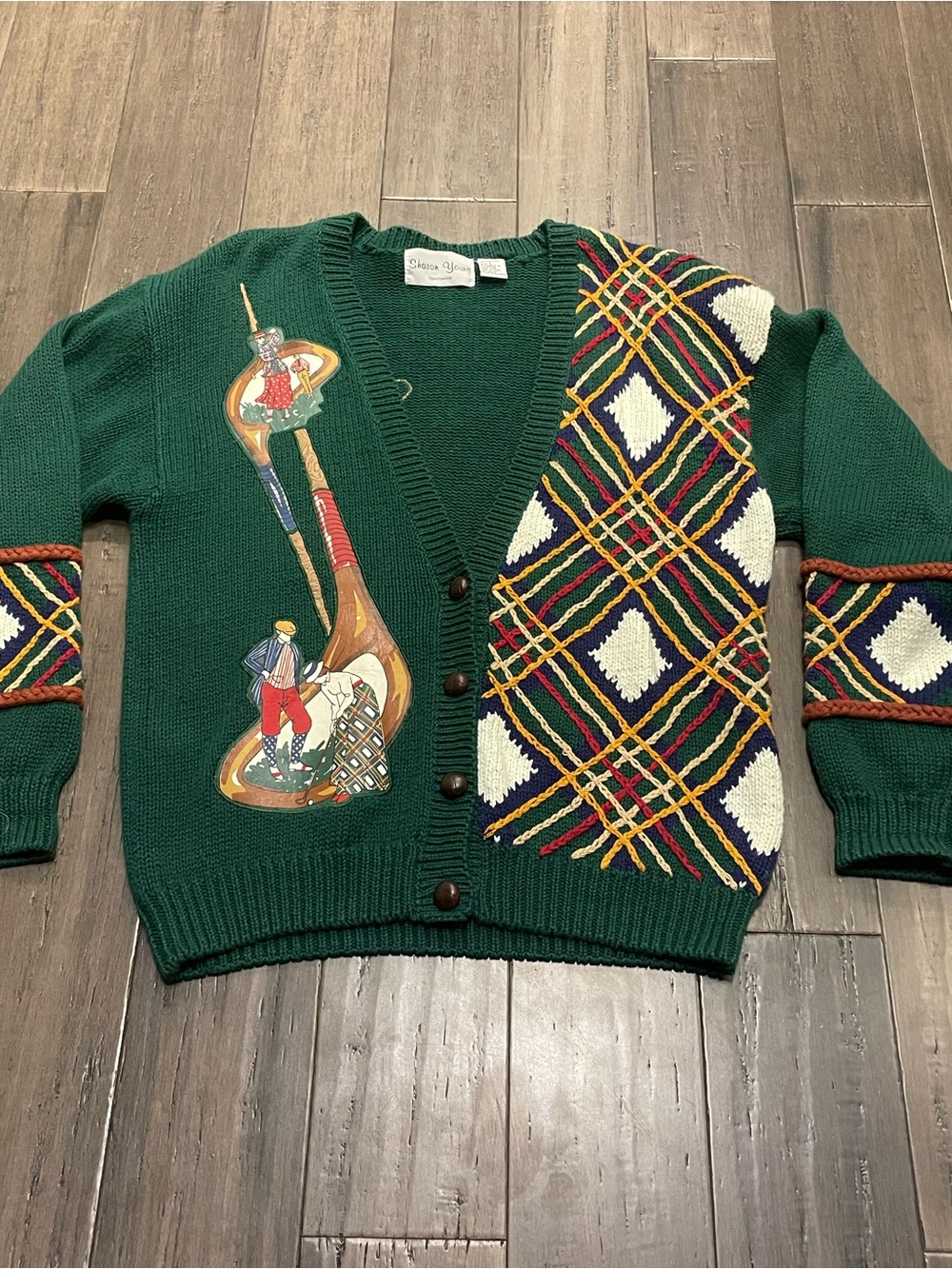 Vintage Golf Cardigan Sweater Sharon Young Large Green Plaid Golfer Scene Golf